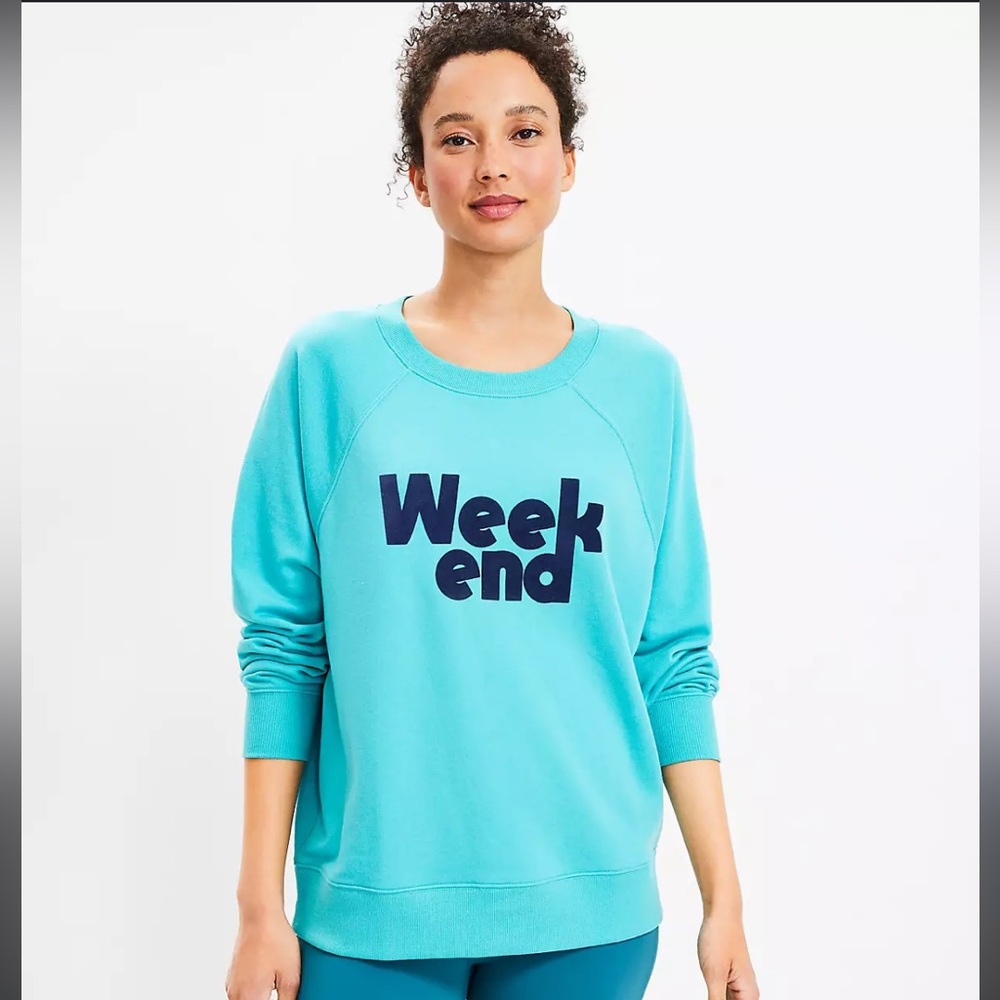 LOFT Lou&Grey Weekend Cozy Cotton Terry
Sweatshirt, Turquoise, Size Medium, EUC